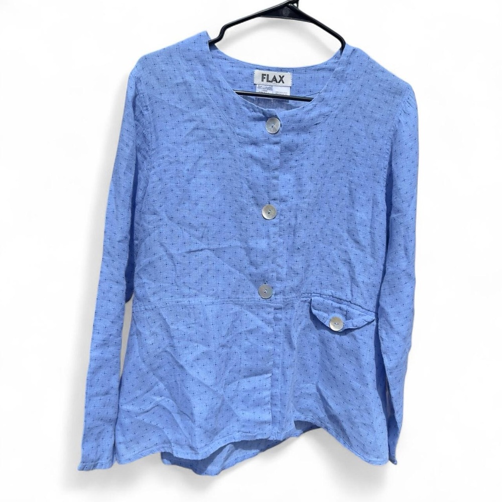 FLAX 100% Softened Linen Oversized Button Up Blouse Blue Lagenlook